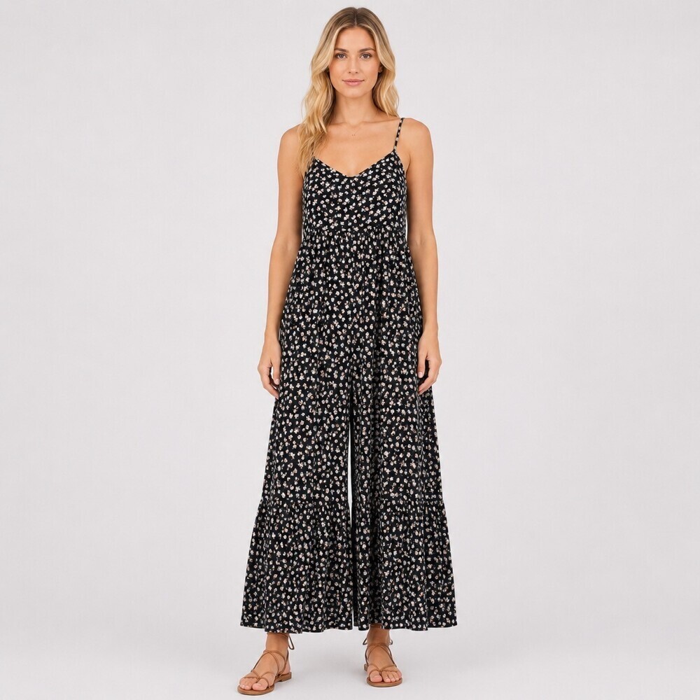Natural Life Stephanie Jumpsuit Black Floral Rayon Wide Leg Boho Small